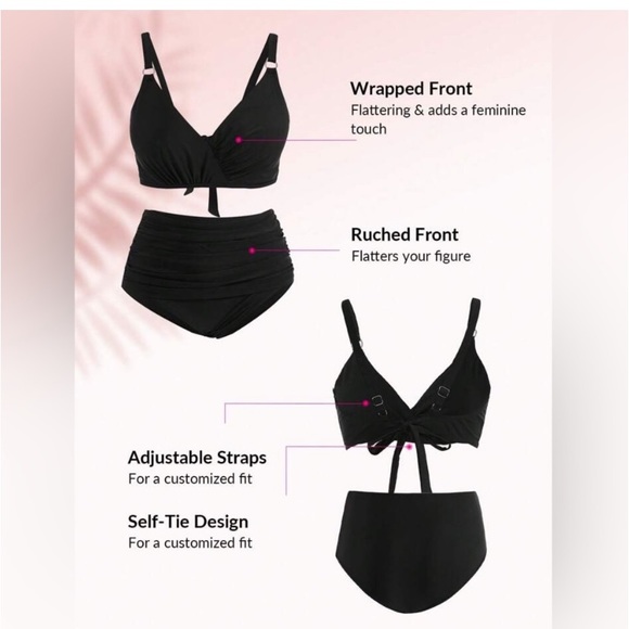 BLACK RUCHED HIGH WAISTED BIKINI SWIMSUIT SET - Picture 7 of 8